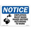 Signmission OSHA Sign, Employees Must Wash Hands Before Work, 5in X 3.5in Decal, 3.5" W, 5" L, Landscape OS-NS-D-35-L-15596